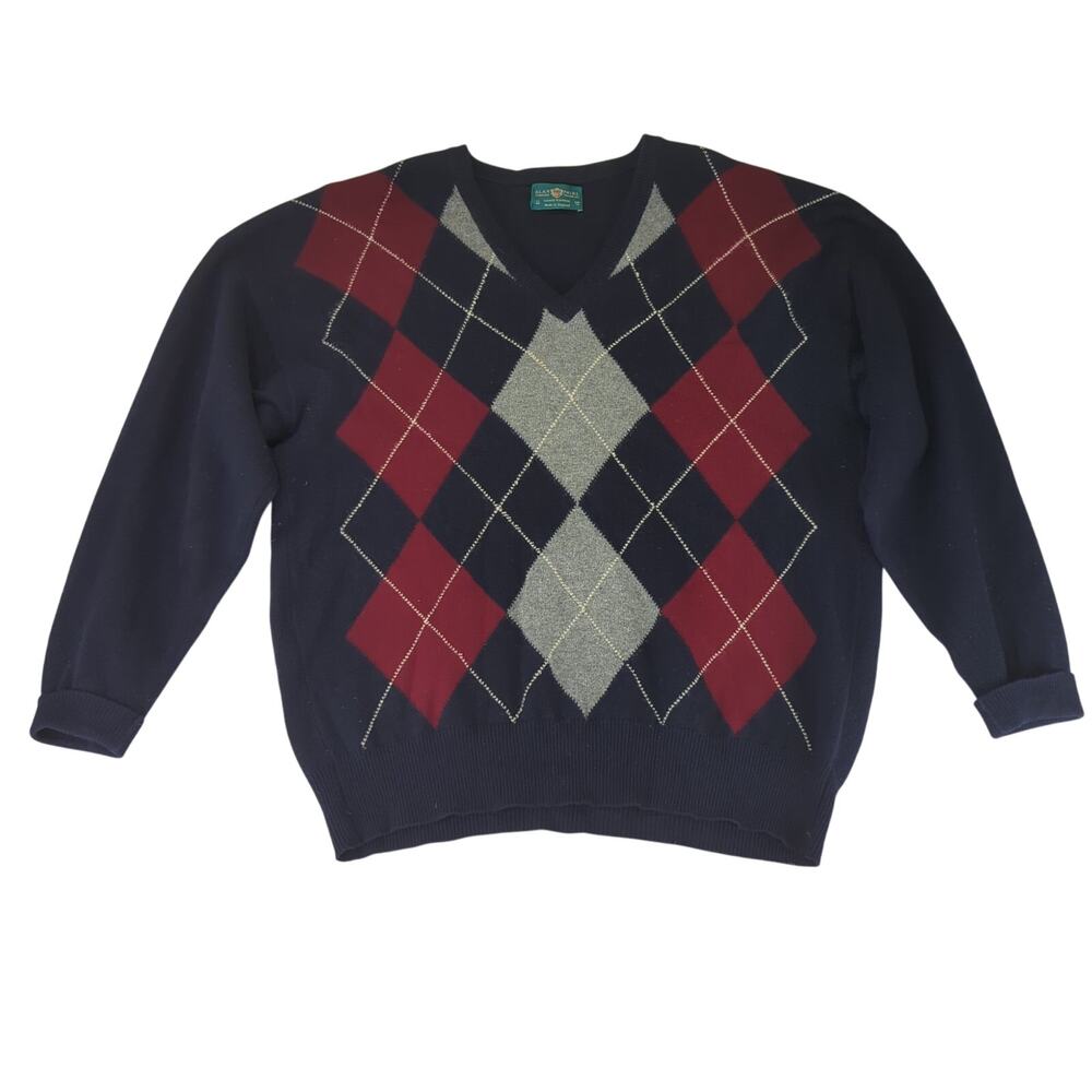 Alan Paine Pure Lambswool V-neck Sweater Argyle Navy Blue Red Preppy US Men's XL